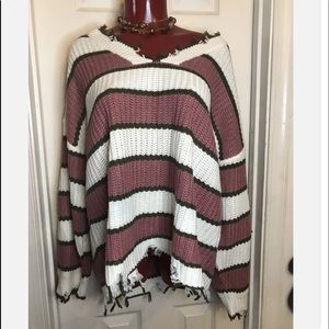 NEW Womens Plus Size 2x Derek Heart Long Sleeve Striped Sweater V-neck - Fringe